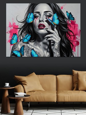 Tablomega Mavi Kelebeklerle Çevrili Kadın Yüzü Dekoratif Kanvas - Mdf Ahşap Tablo