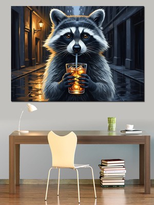 Tablomega Bardakta Içecek Içen Rakun Figürü Dekoratif Kanvas - Mdf Ahşap Tablo