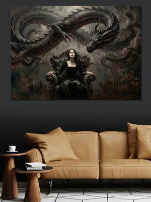 Tablomega Tahtta Oturan Karanlık Kraliçe Ejderha Dekoratif Kanvas - Mdf Ahşap Tablo