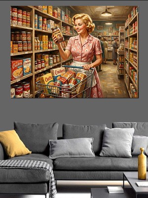 Tablomega Markette Alışveriş Yapan Retro Kadın Dekoratif Kanvas - Mdf Ahşap Tablo