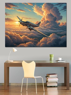 Artmeg Bulutlar Arasında Uçan Antik Uçak Dekoratif Kanvas - Mdf Ahşap Tablo