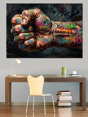 Artmeg Renkli Graffiti Yumruk Duvar Sanatı Dekoratif Kanvas - Mdf Ahşap Tablo