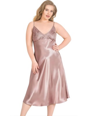 Beruflic Büyük Beden Vizon Uzun Saten Gecelik Zarif Kadın Gece Elbisesi