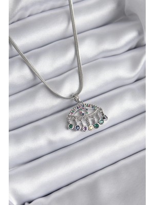 Mey Ithalat® 316L Çelik Gümüş Renk Italyan Zincir Zirkon Taşlı Göz Figür Kadın Kolye