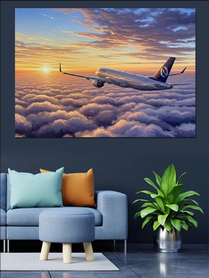 Tablomega Bulutlar Üzerinde Uçan Yolcu Uçağı Dekoratif Kanvas - Mdf Ahşap Tablo