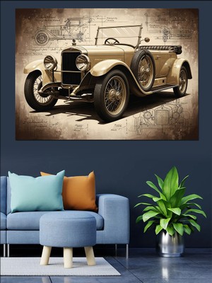 Artmeg Antik Dokulu Klasik Araba Eskizi Dekoratif Kanvas - Mdf Ahşap Tablo