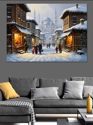 Tablomega Karlı Sokakta Tarihi Şehir Manzarası Dekoratif Kanvas - Mdf Ahşap Tablo