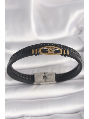 Mey Ithalat® 316L Çelik Gold Renk Gemi Dümen Figür Siyah Renk Çift Sıra Burgu Desenli Deri Kordon Erkek Bileklik