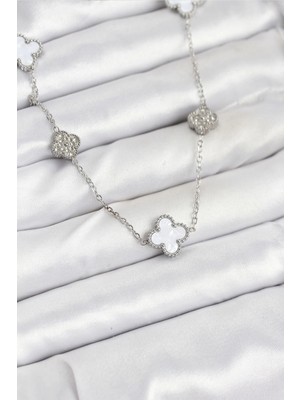 Mey Ithalat® 316L Çelik Zincir Gümüş Renk Beyaz ve Zirkon Taşlı Yonca Kadın Kolye