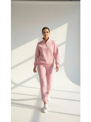 Colezium 3 Iplik Şardonlu Yarım Fermuarlı Sweatshirt Somon