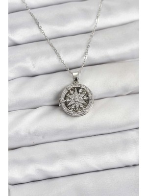 Mey Ithalat® 316L Çelik Zincir Gümüş Renk Kutup Yıldızı Kapaklı Model Kadın Kolye