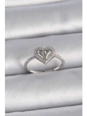 Mey Ithalat® Pirinç Gümüş Renk Ayarlanabilir Zirkon Taşlı Kalp Model Kadın Yüzük