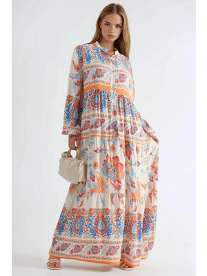 Hiccup Kadın Desenli V Yakalı, Düğmeli Maksi Elbise Turuncu