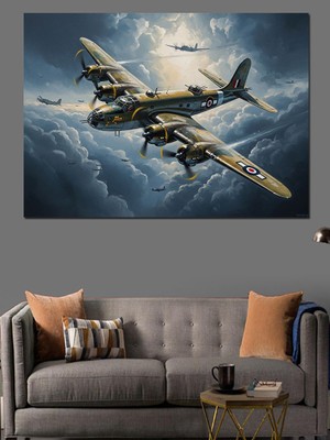 Artmeg Bulutlar Üstünde Antika Savaş Uçağı Dekoratif Kanvas - Mdf Ahşap Tablo