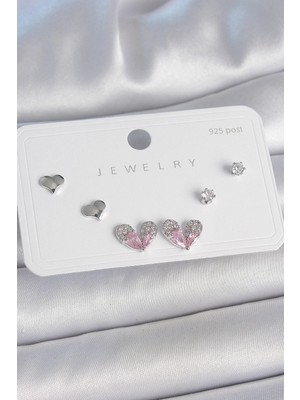 Mey Ithalat® Pirinç Gümüş Renk Pembe Zirkon Taşlı Kalp Model 925 Ayar Gümüş Çivi Kadın Küpe Seti