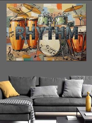 Artmeg Ritim Yazılı Müzik ve Bateri Dekoratif Kanvas - Mdf Ahşap Tablo