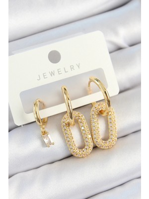 Mey Ithalat® Pirinç Zirkon Taşlı Dikdörtgen Model Gold Renk 3'lü Çift Kadın Küpe Set