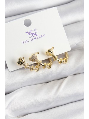 Mey Ithalat® Pirinç Zirkon Taşlı Kalp Model Gold Renk 3'lü Kadın Küpe