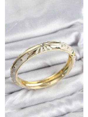 Mey Ithalat® Mineli Pirinç Zirkon Taşlı Bej Desen Motifli Gold Kadın Kelepçe