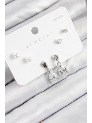 Mey Ithalat® Pirinç Zirkon Taşlı Sallantılı Damla Model Gümüş Renk 925 Ayar Gümüş Çivi Kadın Küpe Set