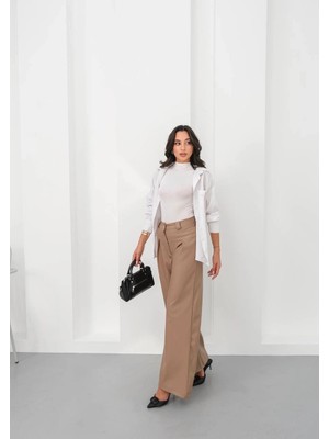 Colezium Deri Geniş Paça Beli Lastikli Pantolon Bej H263644