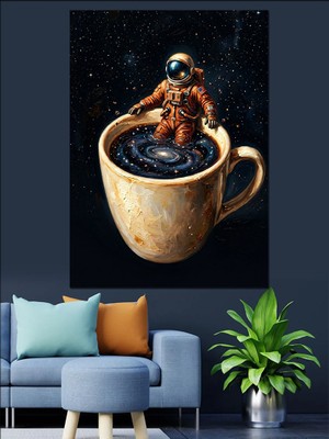 Tablomega Kahve Fincanı Içinde Uzayda Astronot Dekoratif Kanvas - Mdf Ahşap Tablo