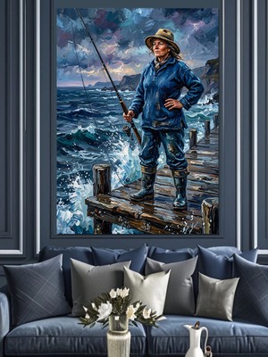 Tablomega Dalgalı Denizde Balık Tutan Balıkçı Dekoratif Kanvas - Mdf Ahşap Tablo