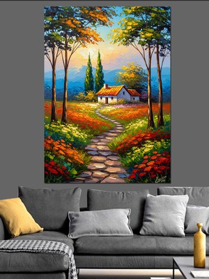 Artmeg Çiçekli Yol ve Müstakil Ev Dekoratif Kanvas - Mdf Ahşap Tablo