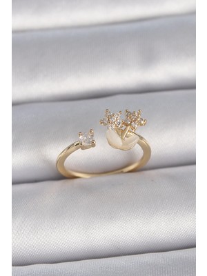 Mey Ithalat® Pirinç Gold Renk Ayarlanabilir Zirkon Taşlı Yıldız Model Kadın Yüzük
