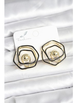 Mey Ithalat® Pirinç Gold Renk Siyah Mineli Geometrik Gül Model Kadın Küpe