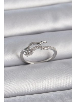 Mey Ithalat® Pirinç Gümüş Renk Zirkon Taşlı Yılan Ayarlanabilir Model Kadın Yüzük