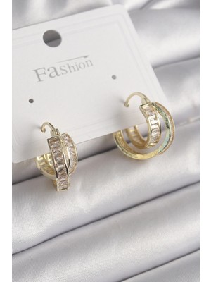 Mey Ithalat® Pirinç Gold Renk Zirkon Taşlı Halka Model Kadın Küpe