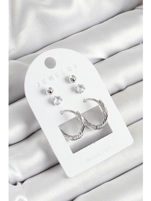 Mey Ithalat® Pirinç Zirkon Taş ve Halka Figürlü Gümüş Renk 3'lü Çift Kadın Küpe Set