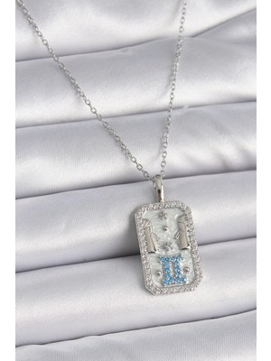 Mey Ithalat® 316L Çelik Gümüş Renk Zincir Ikizler Burcu Zirkon Taşlı Kadın Kolye