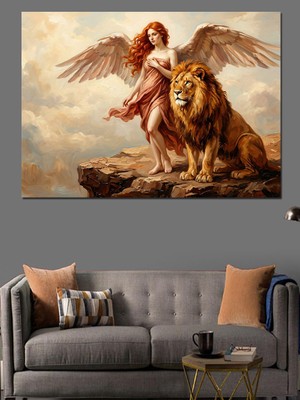 Artmeg Aslanla Yan Yana Duran Melek Dekoratif Kanvas - Mdf Ahşap Tablo