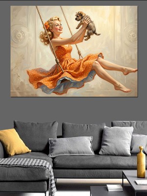 Tablomega Salıncakta Maymunla Sallanan Mutlu Kadın Dekoratif Kanvas - Mdf Ahşap Tablo