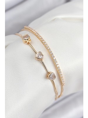 Mey Ithalat® Pirinç Zirkon Taşlı Kalp Model Gold Renk Kadın Bileklik