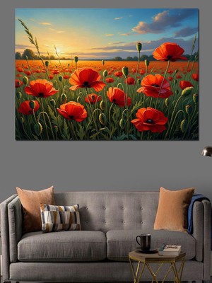 Artmeg Kırmızı Gelincik Tarlası Gün Batımı Dekoratif Kanvas - Mdf Ahşap Tablo
