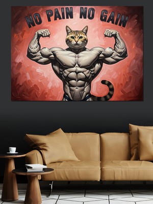 Tablomega No Pain No Gain Kaslı Kedi Dekoratif Kanvas - Mdf Ahşap Tablo