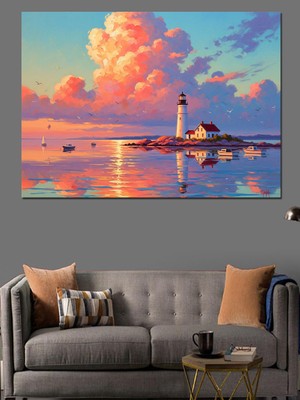 Tablomega Gün Batımında Deniz Kenarı Fener Dekoratif Kanvas - Mdf Ahşap Tablo