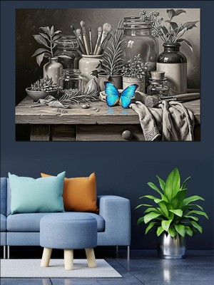 Tablomega Masada Mavi Kelebek ve Fırçalar Dekoratif Kanvas - Mdf Ahşap Tablo