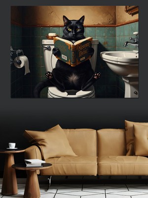 Tablomega Tuvalette Gazete Okuyan Siyah Kedi Dekoratif Kanvas - Mdf Ahşap Tablo