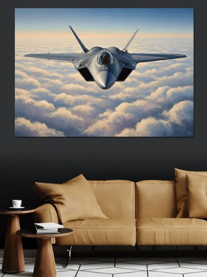 Artmeg Bulutların Üstünde Modern Savaş Jeti Dekoratif Kanvas - Mdf Ahşap Tablo