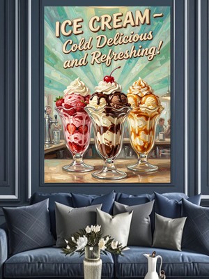 Artmeg Retro Dondurma ve Tatlı Reklamı Dekoratif Kanvas - Mdf Ahşap Tablo