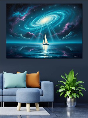 Artmeg Galaksi Nehrinde Süzülen Beyaz Yelkenli Dekoratif Kanvas - Mdf Ahşap Tablo