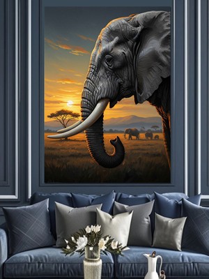 Artmeg Savanada Gün Batımı ve Fil Dekoratif Kanvas - Mdf Ahşap Tablo
