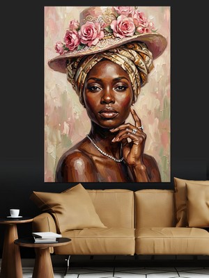 Tablomega Çiçekli Şapkalı Zarif Afrikalı Kadın Dekoratif Kanvas - Mdf Ahşap Tablo
