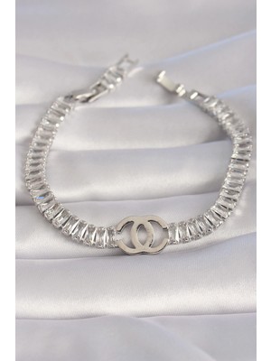 Mey Ithalat® Pirinç Gümüş Renk Zirkon Taşlı Su Yolu Model Vıp Seri Kadın Bileklik