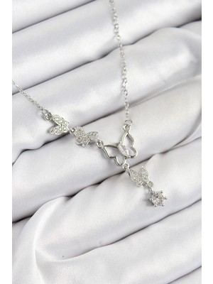 Mey Ithalat® 316L Çelik Zirkon Taşlı Kelebek Model Gümüş Renk Kadın Kolye