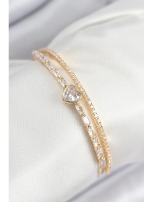 Mey Ithalat® Pirinç Zirkon Taşlı Kalp Model Gold Renk Kadın Bileklik